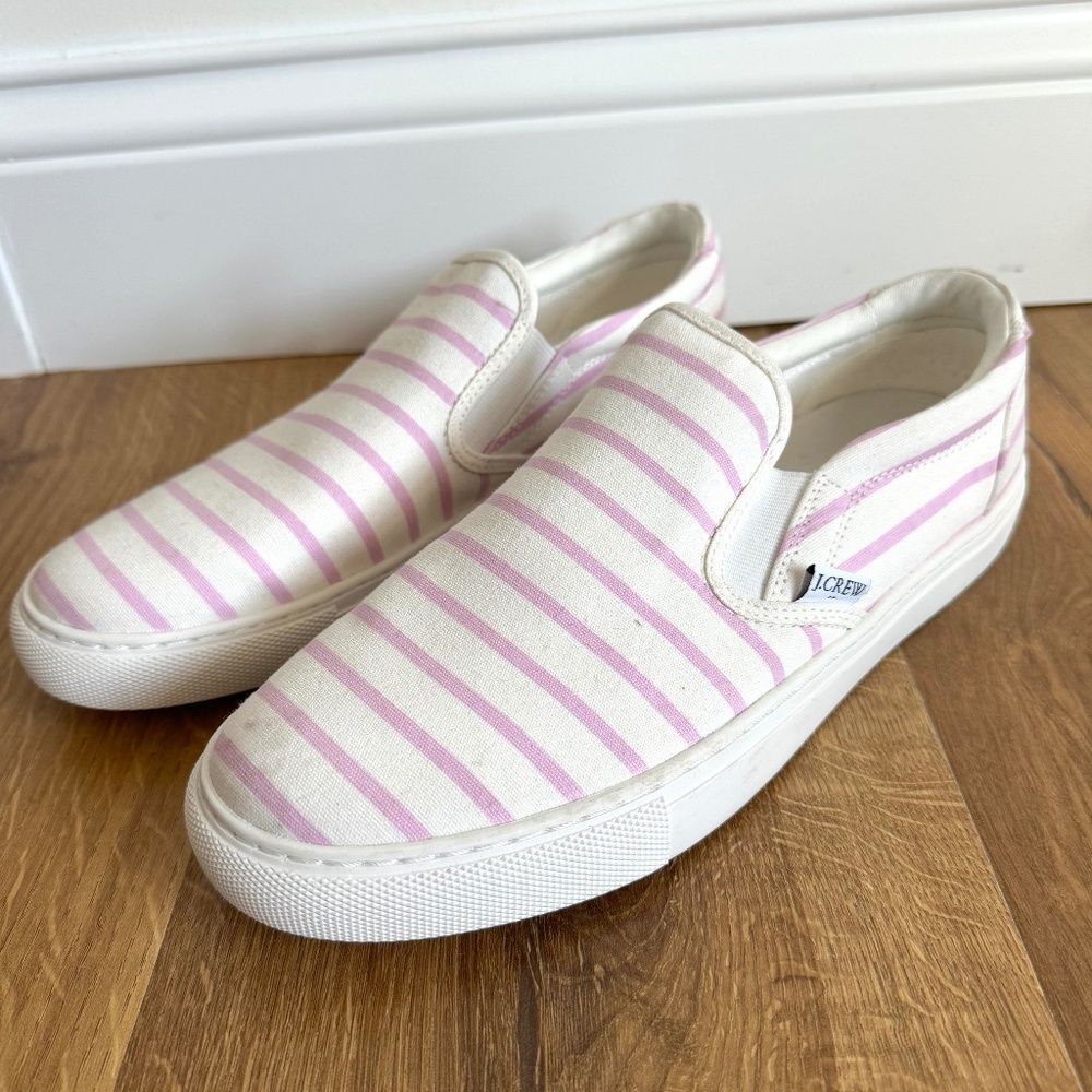 J. Crew Printed Road Trip Canvas Slip On Sneaker - White/Purple | Size 9.5